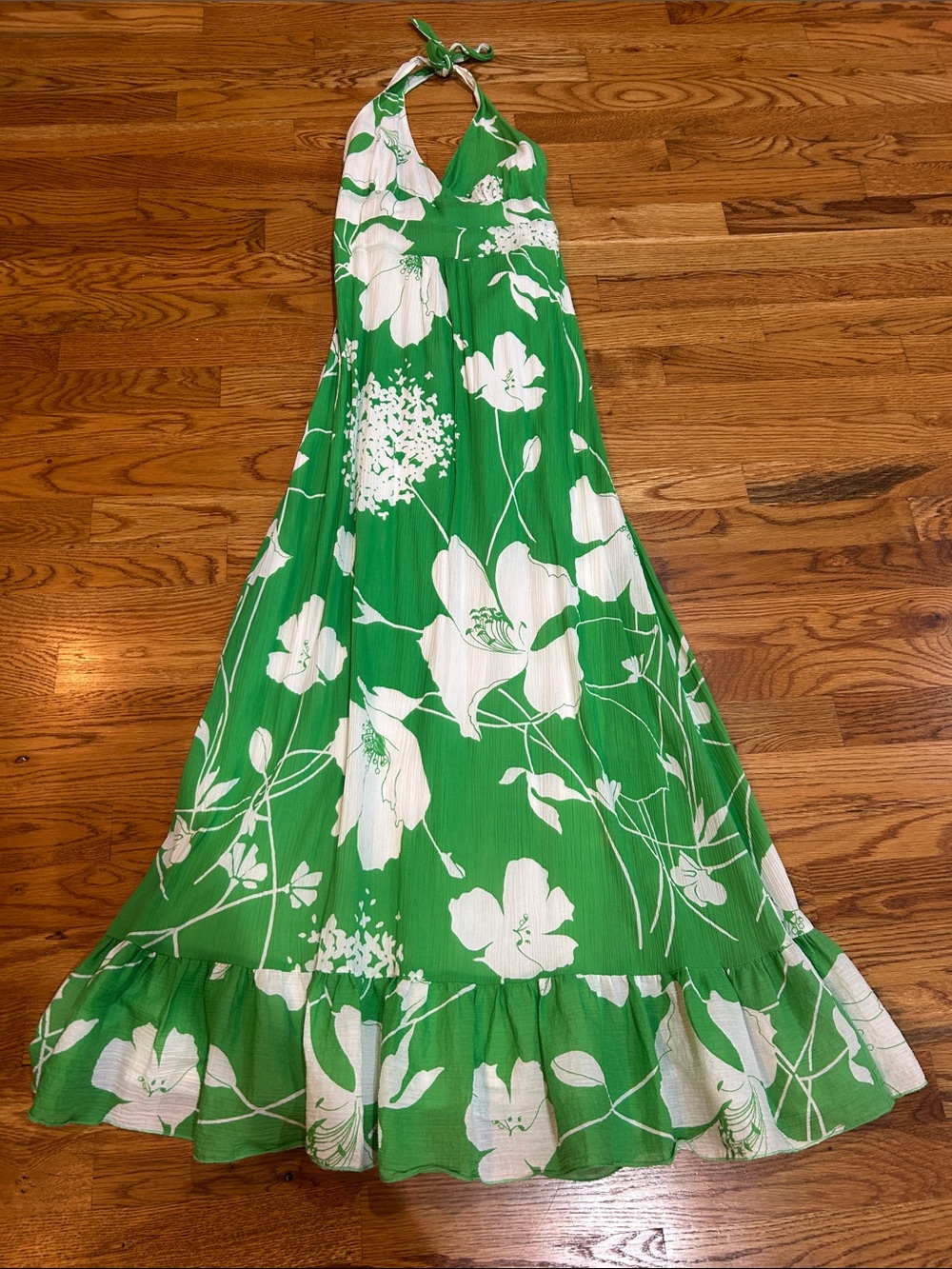 Odille Green and White Floral Halter Maxi Dress